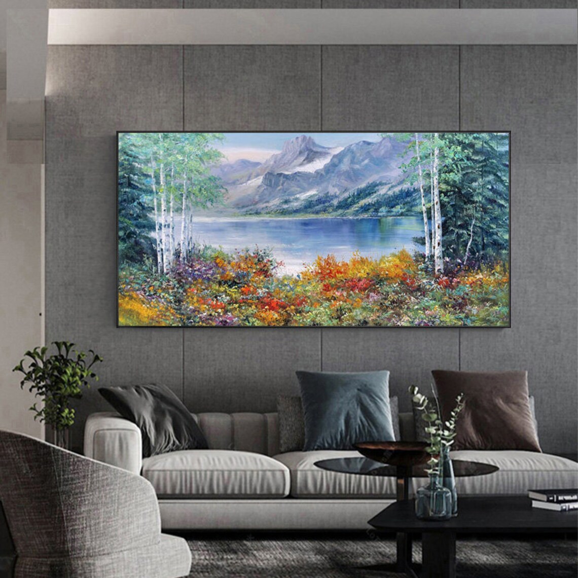 Lake, Mountain and Tree Oil Painting, Modern Art Print - Image 3