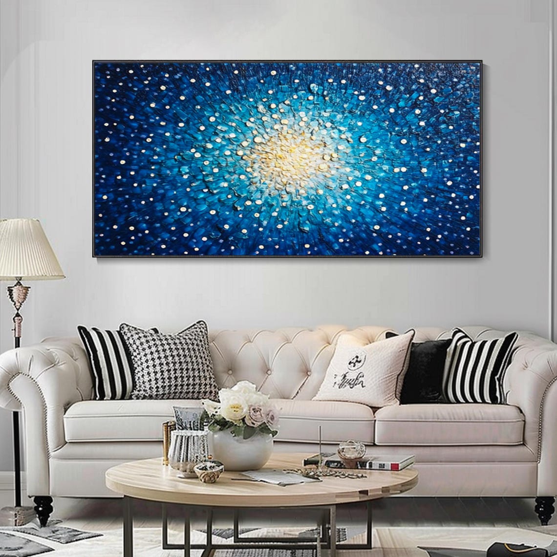 Starry Blue Night Sky With Golden Radiant Center Abstract Poster - Image 4