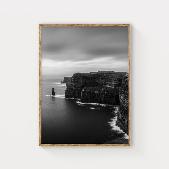 Cliffs Of Moher Co Clare Ireland Irish Black White Photography Wall Art Print Coastal Wall Decor Moody Irish Art