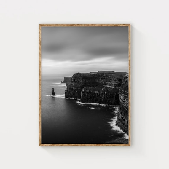 Towering Sea Cliffs Black and White Dramatic Ocean Photo Poster