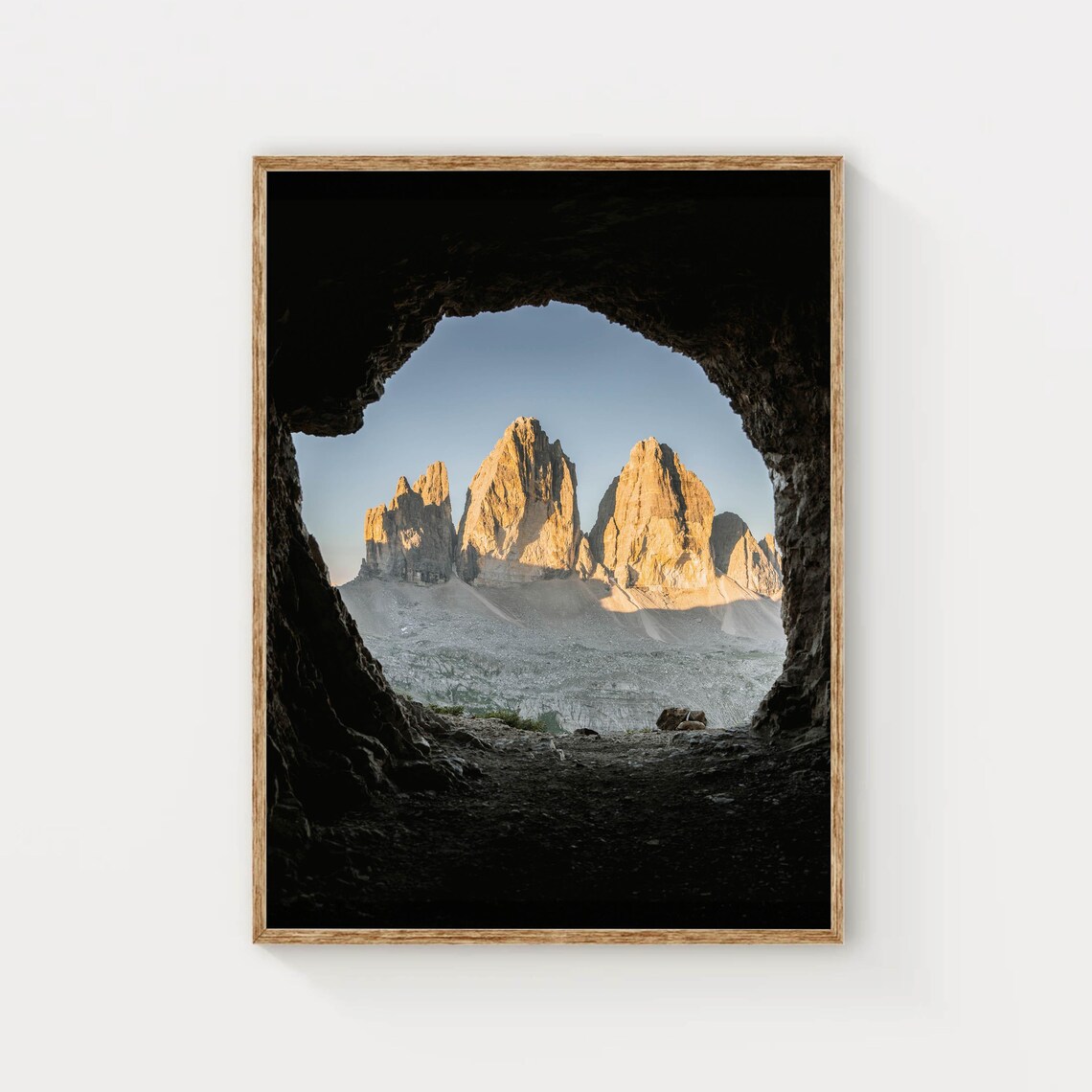 Tre Cime di Lavaredo Cave Window Sunrise Golden Peaks Italy Poster