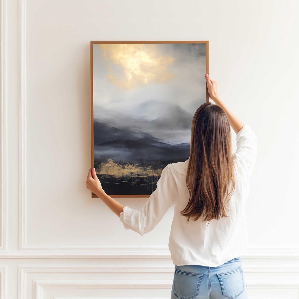 Misty Dark Blue Mountain Abstract Landscape with Gold Light Poster - Image 4