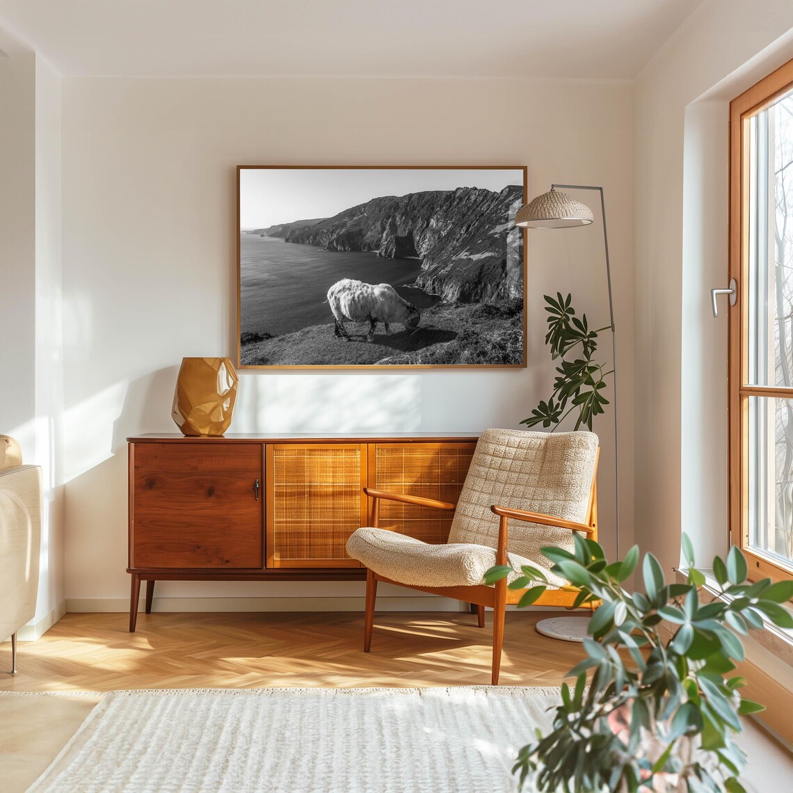 Sheep Grazing on Cliff Edge Above Sea Black White Photo Poster - Image 5