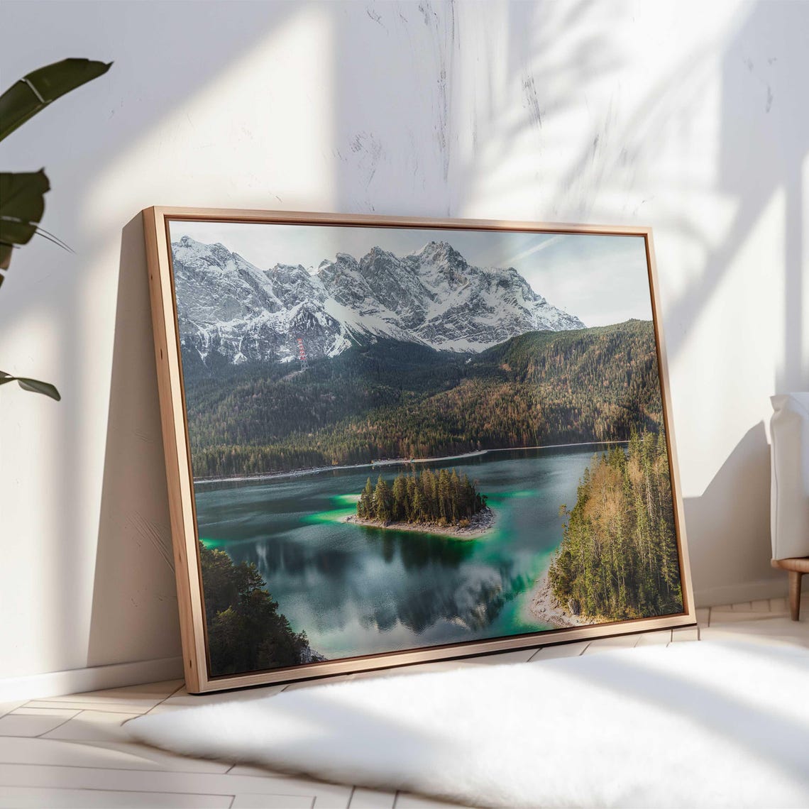 Emerald Green Lake with Forested Island and Snowy Peaks Poster - Image 3