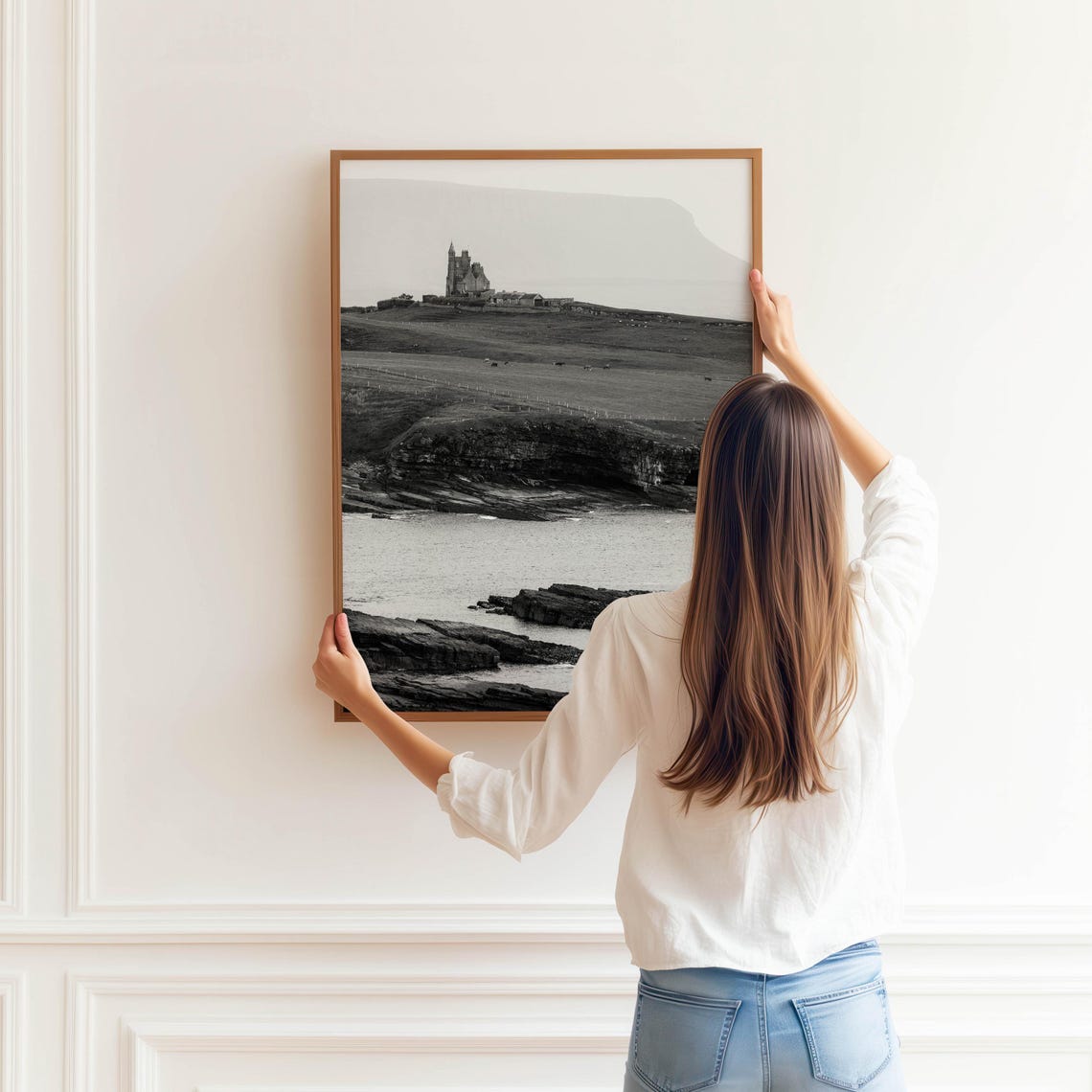 Historic Castle on Rugged Headland Black White Coastal Photo Poster - Image 3