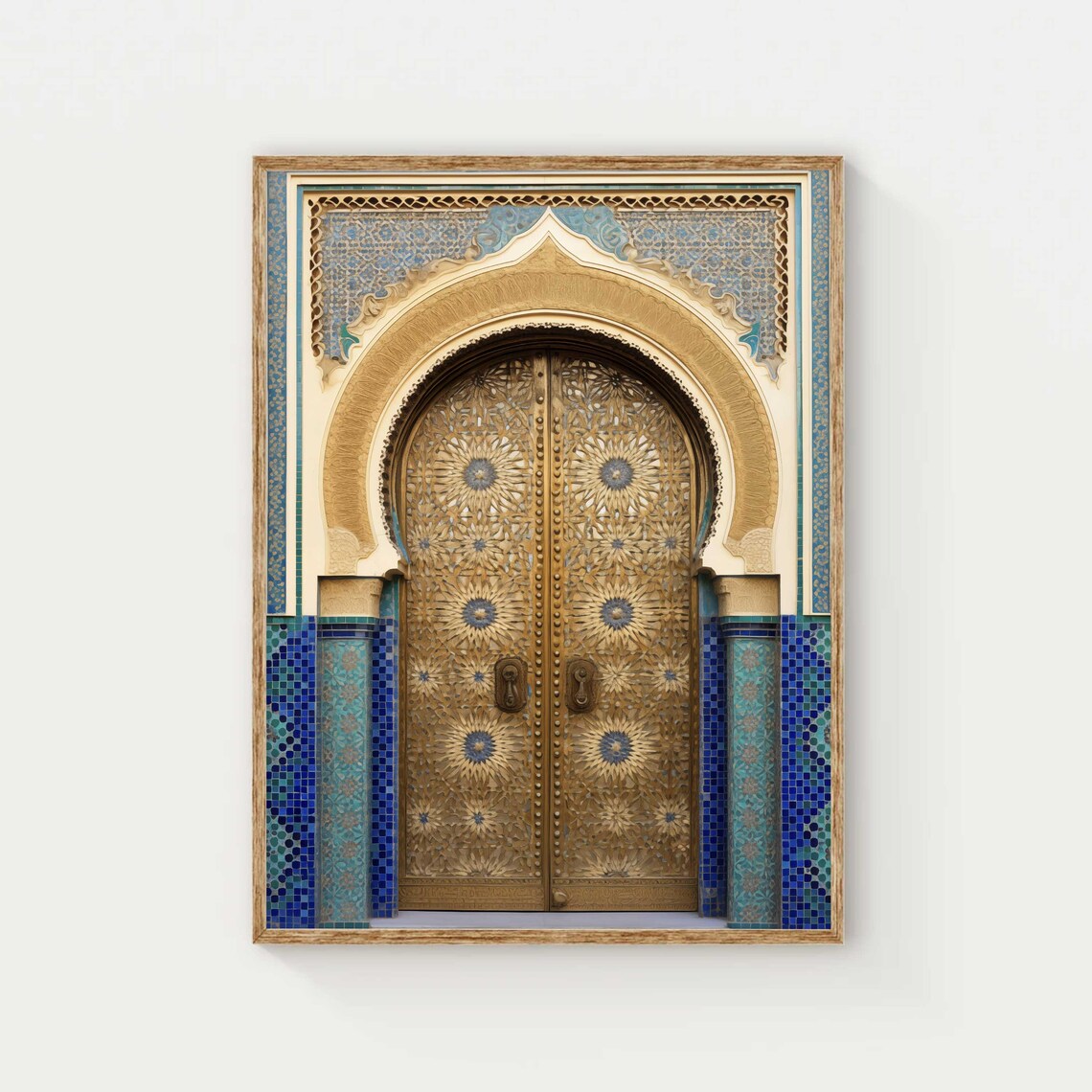 Moroccan Brass Door with Blue Zellige Tile Arch Detail Poster