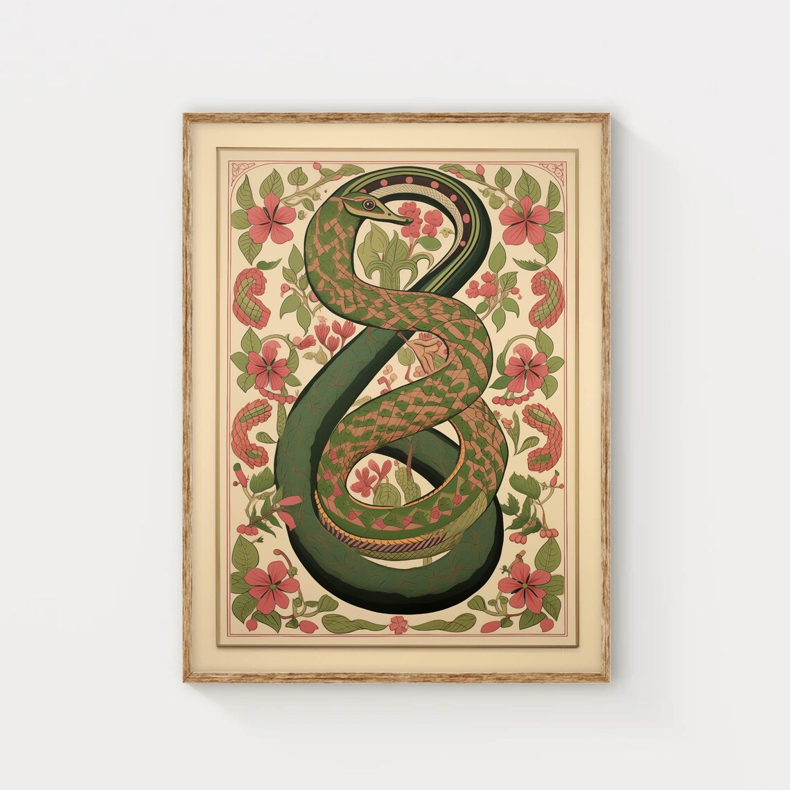 Vintage Snake Botanical Illustration with Red Flowers Poster