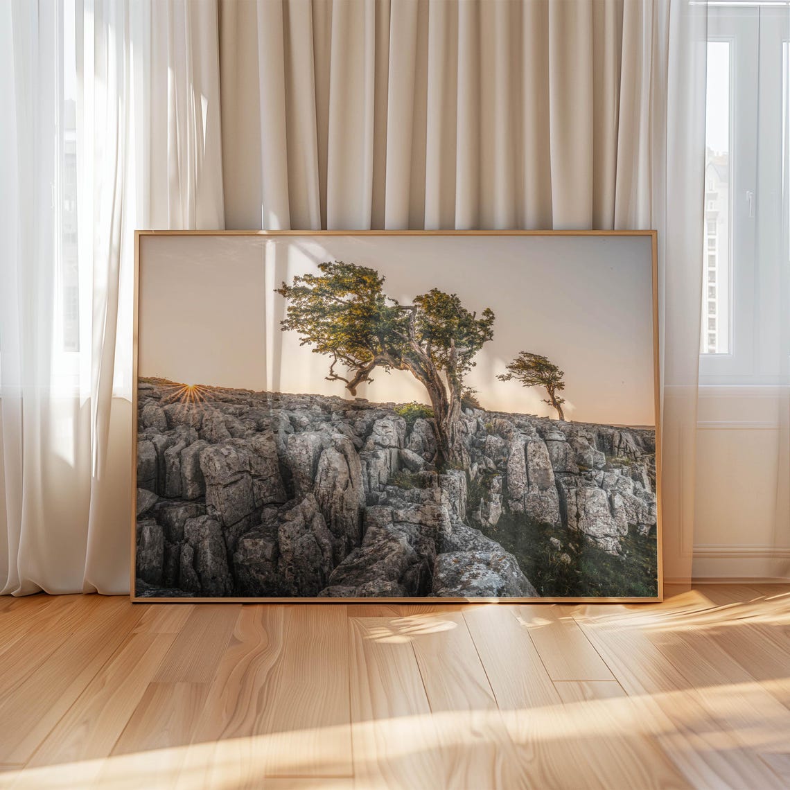 Windswept Trees on Ancient Limestone Pavement Golden Sunset Poster - Image 4