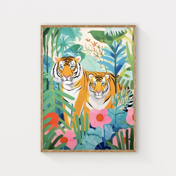 Two Tigers in Colorful Tropical Foliage Jungle Wildlife Art Poster