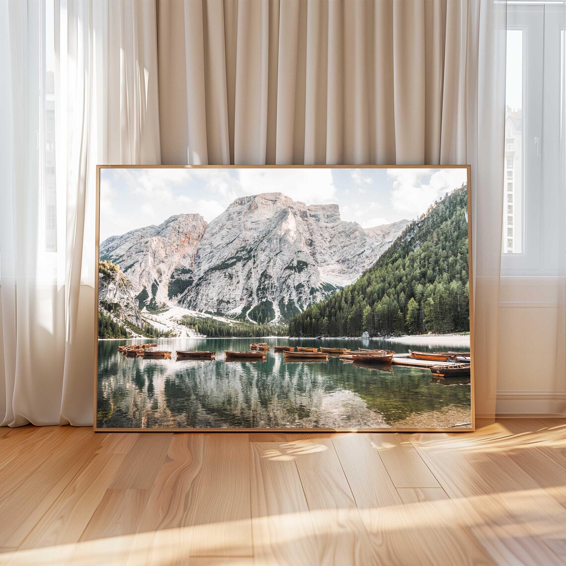Lago Di Braies Dolomites Rowboats Mirror Lake Mountain Scenery Poster - Image 4