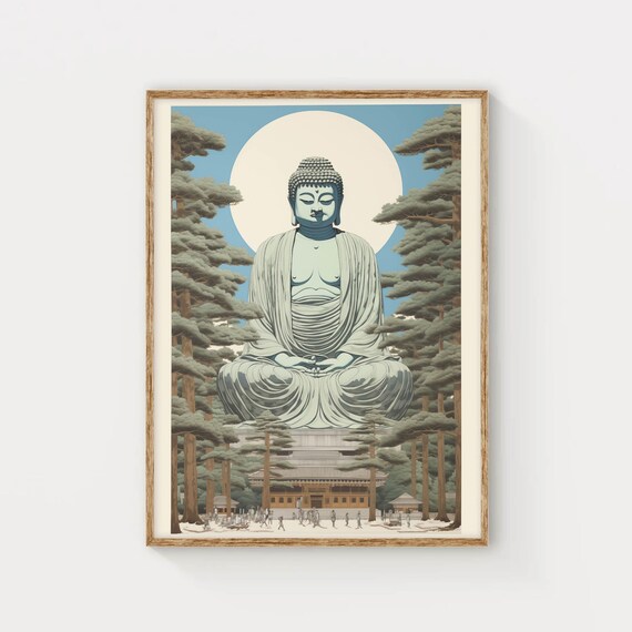 Great Buddha Statue Pine Forest Moon Japanese Vintage Style Poster
