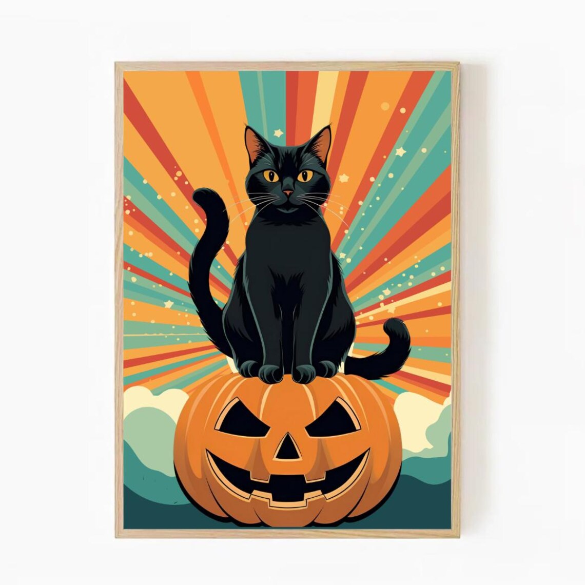 Retro Halloween Black Cat Poster Jack O Lantern Vintage Sunburst
