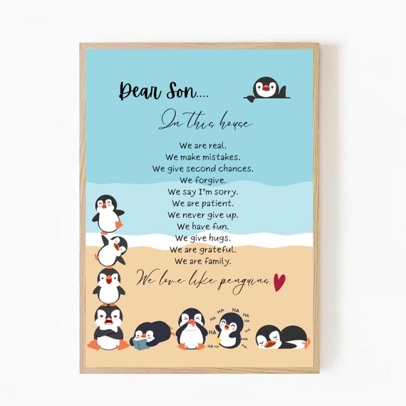 Dear Son Penguin Family Rules Poster Cute Nursery Beach Decor Gift
