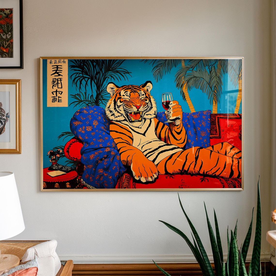 Tiger Lounging on Red Sofa Raising Wine Glass Funny Retro Poster
