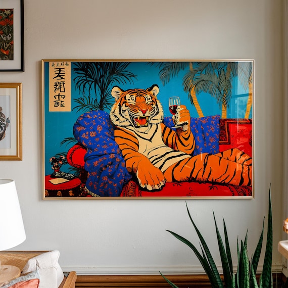 Tiger On Sofa Art Print Quirky Retro Bar Decor