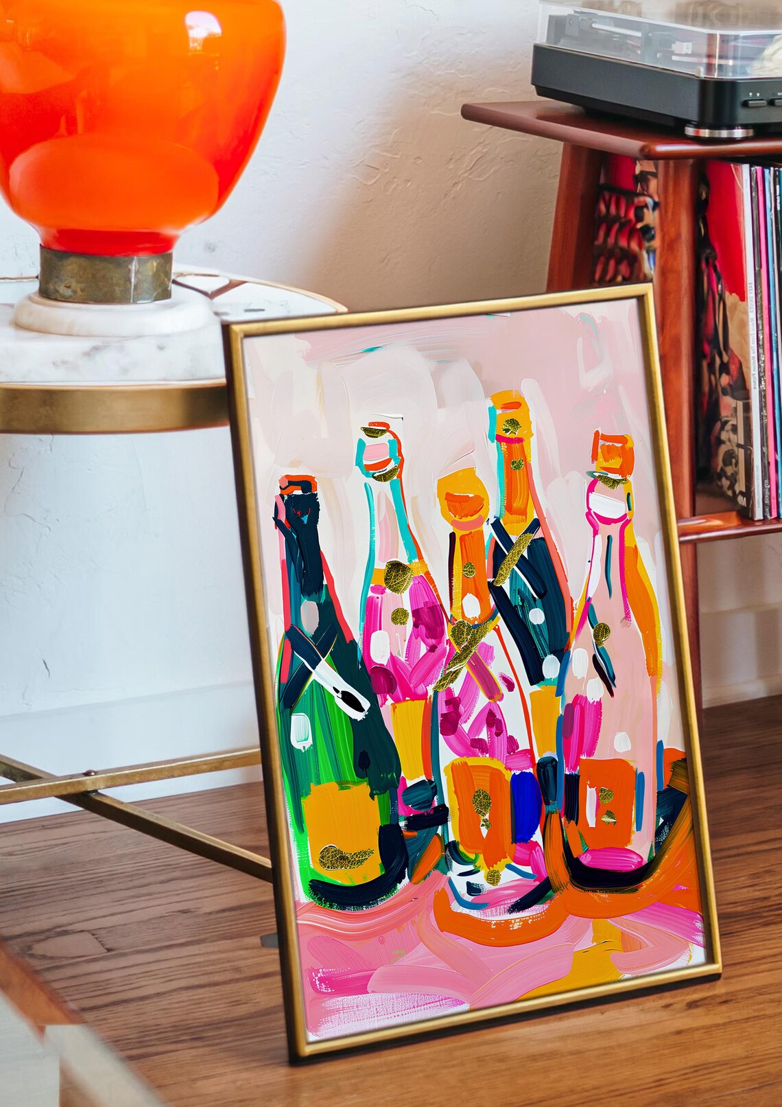 Colorful Champagne Bottles Painting Pink Bar Cart Party Wall Art - Image 2