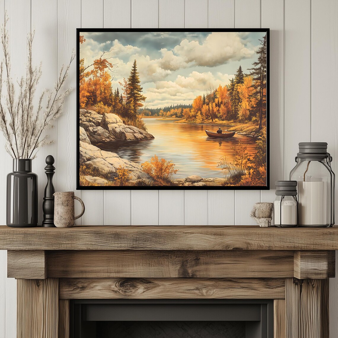 Autumn River Canoe Trip Golden Pines Rocky Shore Vintage Art Poster - Image 4