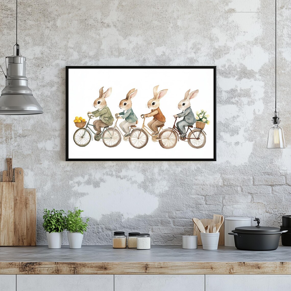 Bunnies Riding Bicycles Watercolor Nursery Illustration Whimsical Poster - Image 3