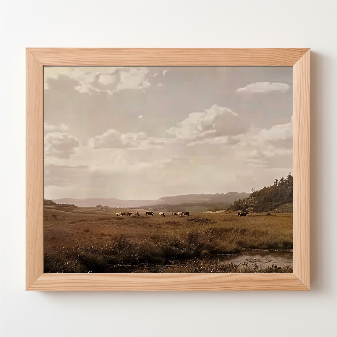Grazing Cows Vintage Sepia Valley Moorland Rustic Landscape Oil Poster - Image 5