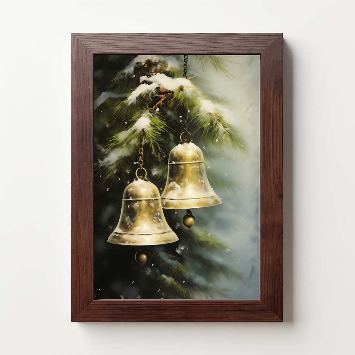 Brass Christmas Bells Snowy Pine Branch Vintage Winter Holiday Poster - Image 5