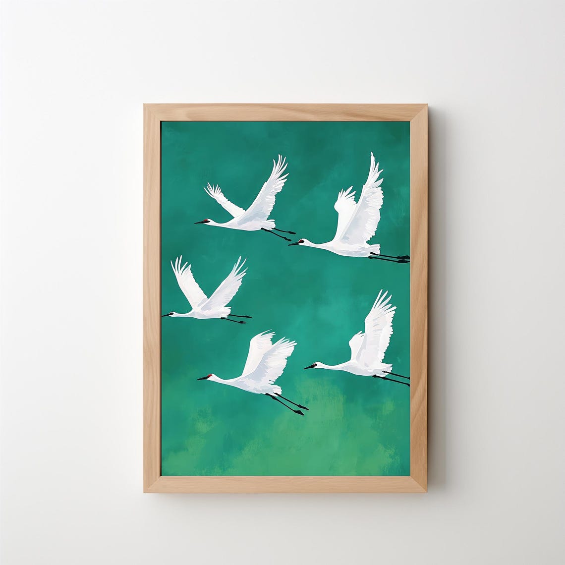 White Cranes In Flight On Emerald Green Background Art Print - Image 5