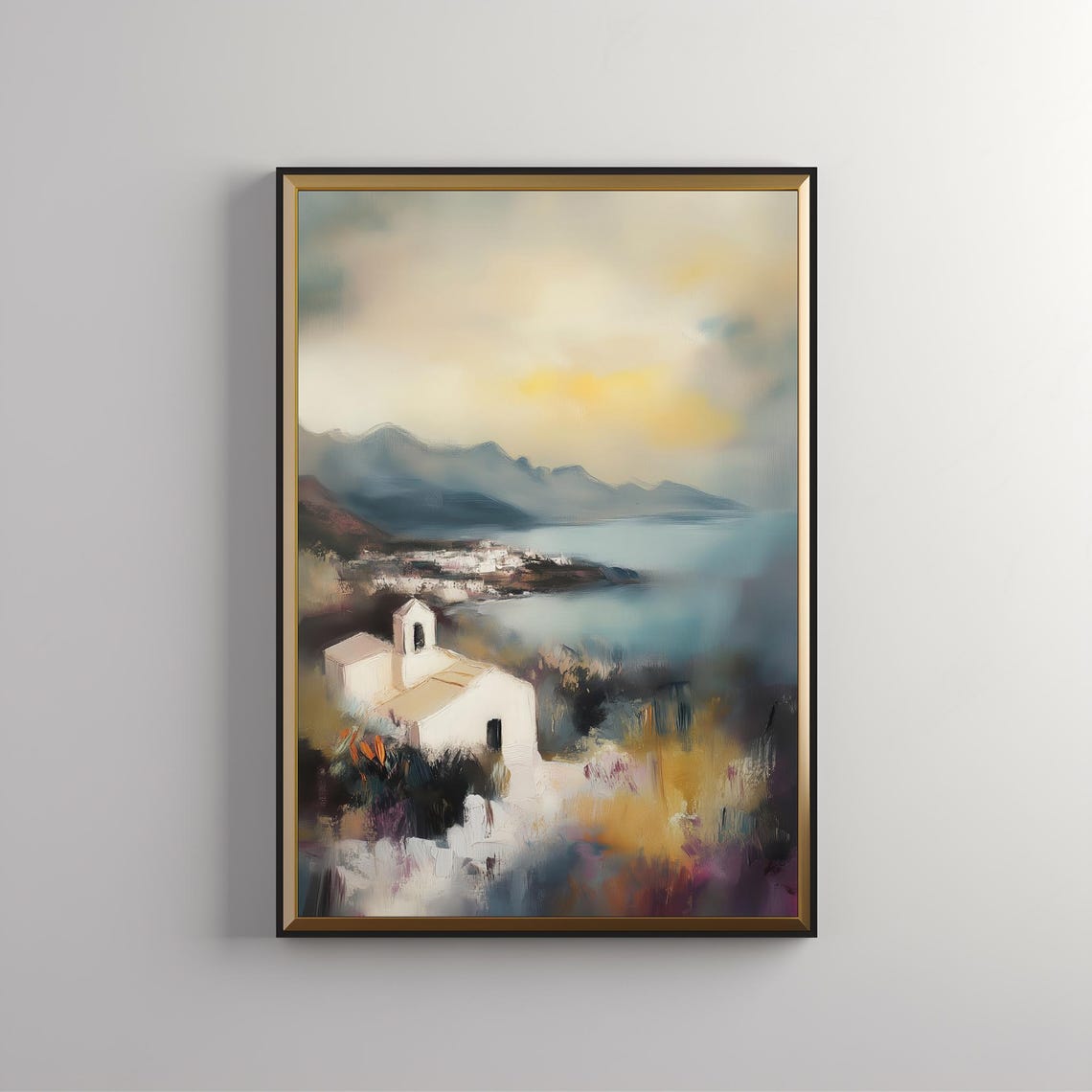 Muted Coastal Chapel Overlooking Quiet Bay Landscape Art Print - Image 5