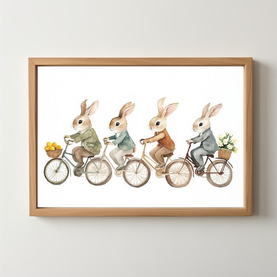 Bunnies Riding Bicycles Watercolor Nursery Illustration Whimsical Poster