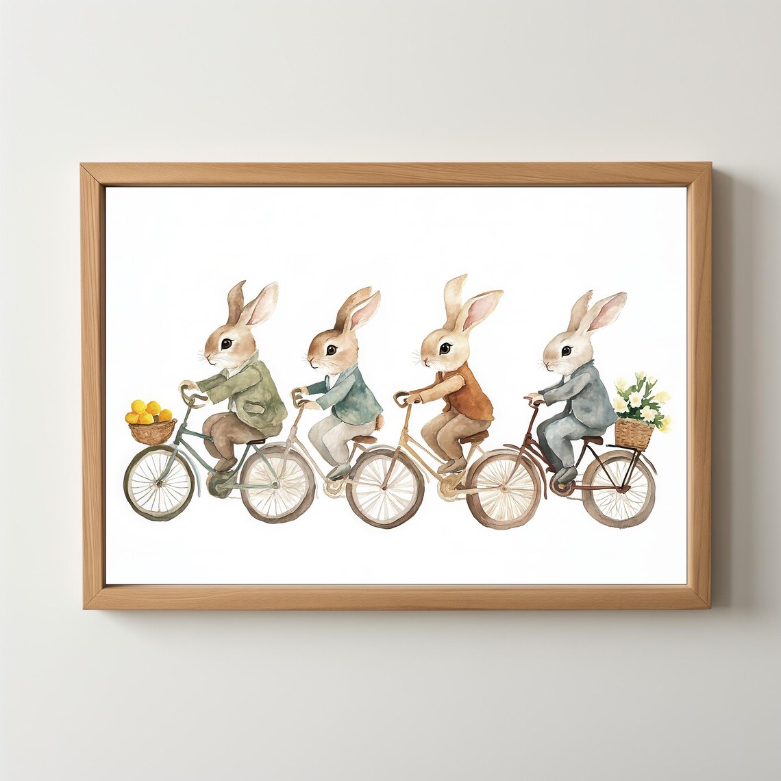 Bunnies Riding Bicycles Watercolor Nursery Illustration Whimsical Poster