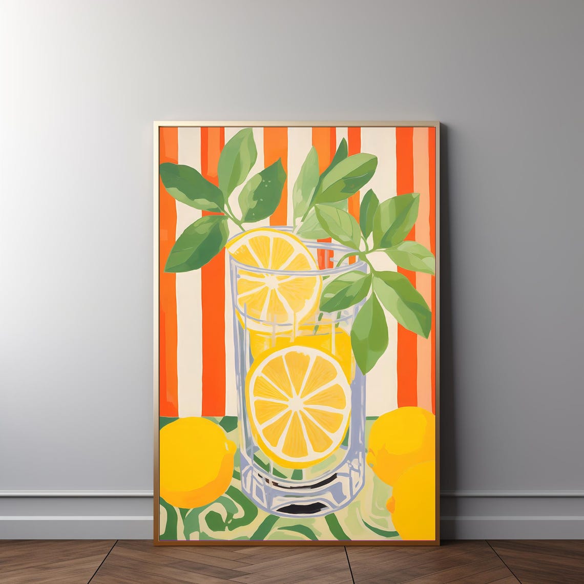 Lemon Drink In Tall Glass Striped Orange Background Kitchen Poster
