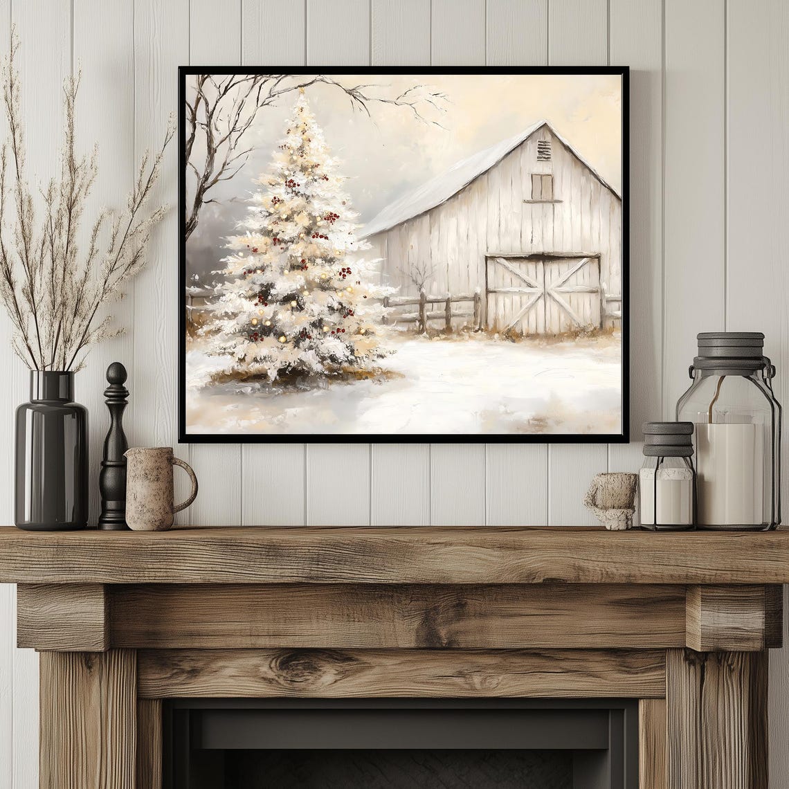 White Barn And Snowy Christmas Tree Rustic Winter Holiday Wall Art - Image 4