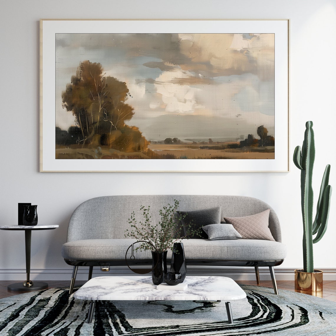 Rustic Autumn Field Landscape Painting Warm Tones Big Clouds Wall Art - Image 2