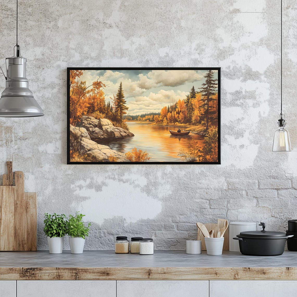 Autumn River Canoe Trip Golden Pines Rocky Shore Vintage Art Poster - Image 3