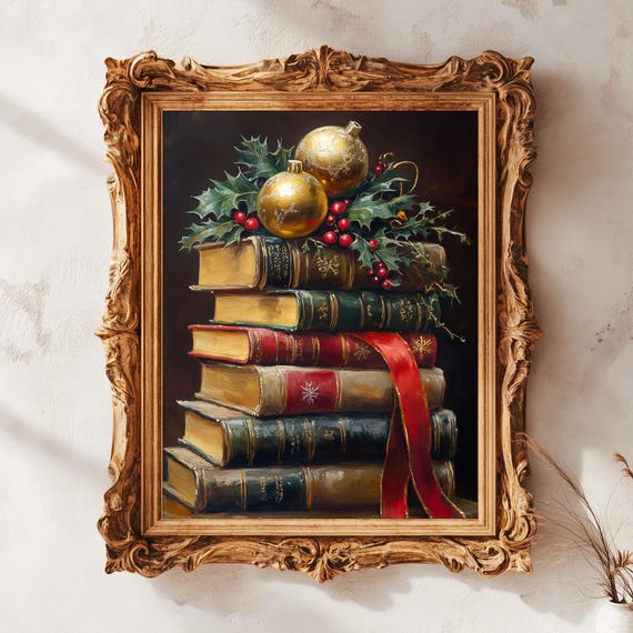 Rustic Christmas Wall Art Book Art Still Life Vintage Christmas Oil Painting Dark Academia Moody Decor 457