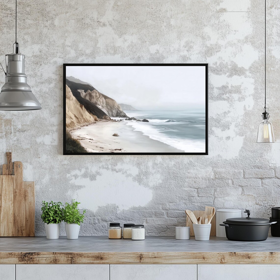 Misty Coastal Beach Cliffs Painting Foggy Ocean Waves Serene Wall Art - Image 3