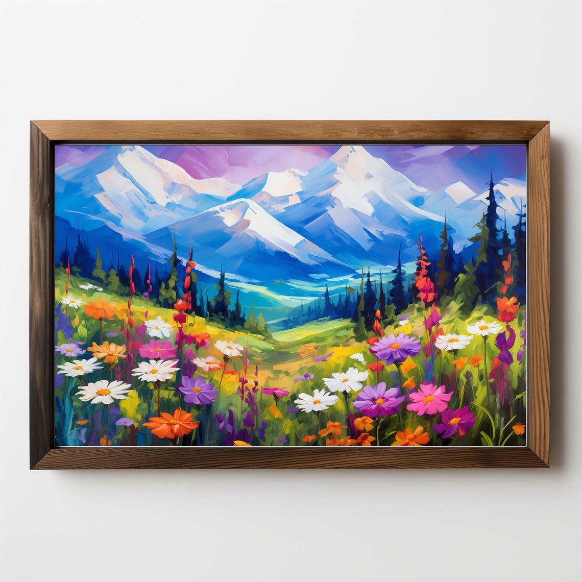 Snowy Mountain Peaks Wildflower Meadow Colorful Nature Art Poster