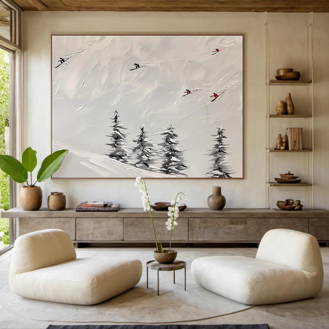 Beige Ski Oil Painting Decoration Painting Original Skier Gift Beige Abstract Ski Art Modern Home Wall Decoration - Image 5