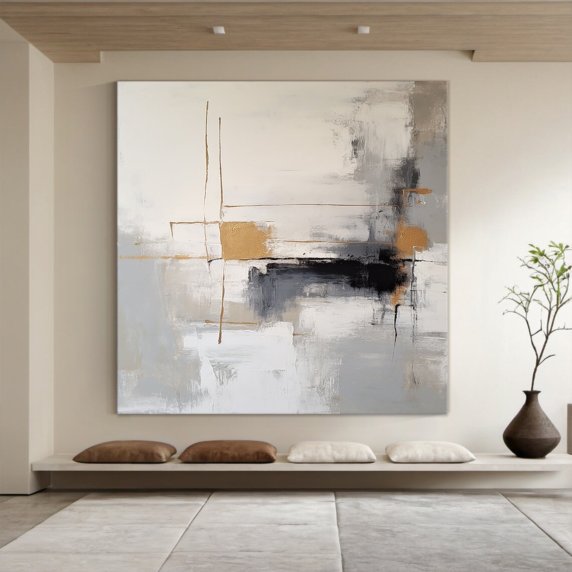 Abstract Painting On Grey And White Gray And White Minimalist Wall Art Large Black And Brown Textured Hand Painting Home Decor - Image 3