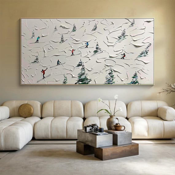 Beige Ski Oil Painting Decorative Painting Original Skier Gift Beige Abstract Ski Art Modern Interior Wall Decor