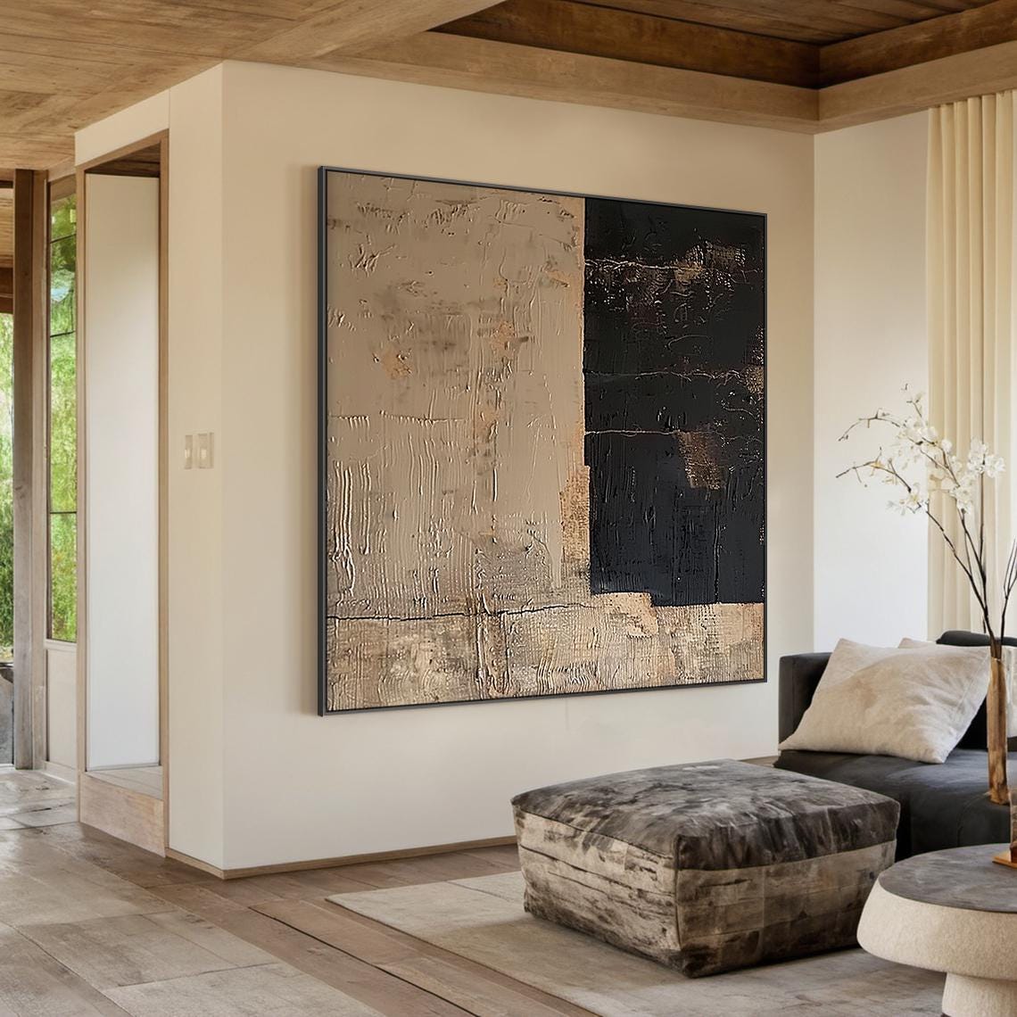 Beige Black Split Panel Wabi Sabi Abstract Texture Oil Painting Poster - Image 3