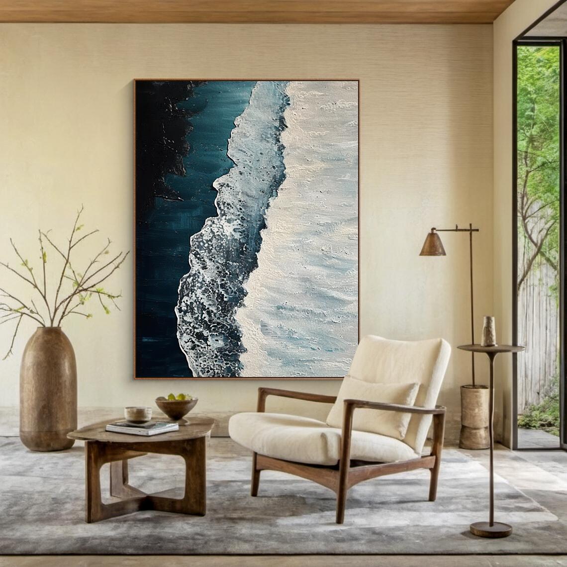 Dark Blue Ocean Aerial White Sand Shore Oil Painting Vertical Poster - Image 4