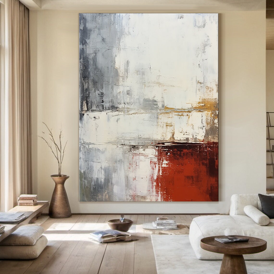 White And Grey Wabi Sabi Wall Decor Art Grey And White Abstract Art Large Red Textured Painting Home Decor - Image 2