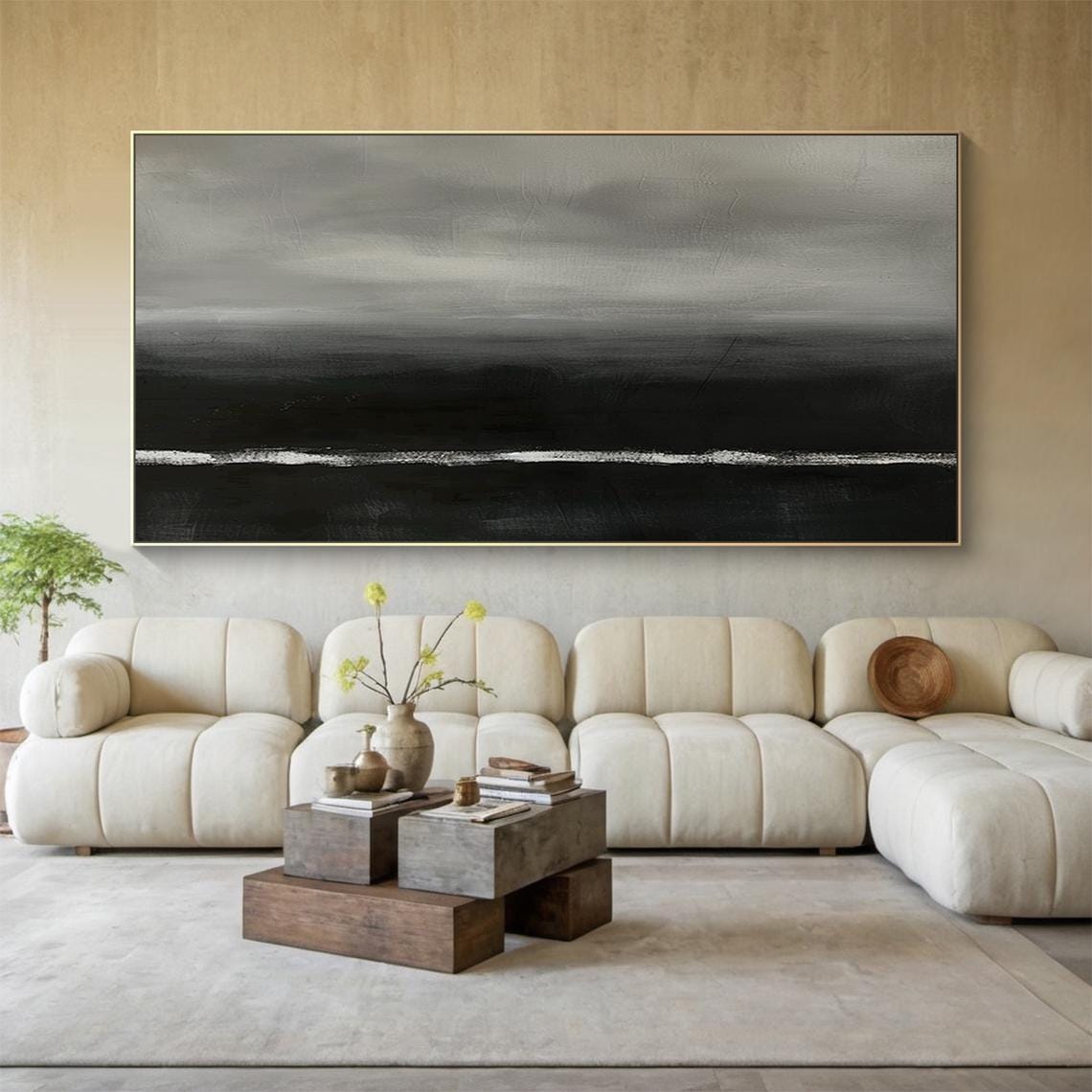 Grey Black Abstract Painting White Horizon Line Moody Modern Wall Art - Image 2