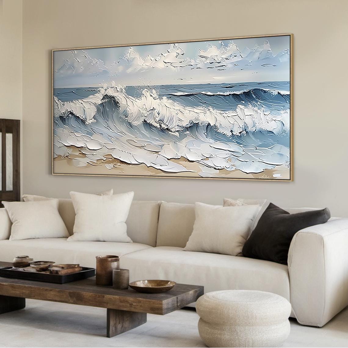 White Foam Ocean Wave Crashing Sandy Beach Textured Seascape Wall Art - Image 4