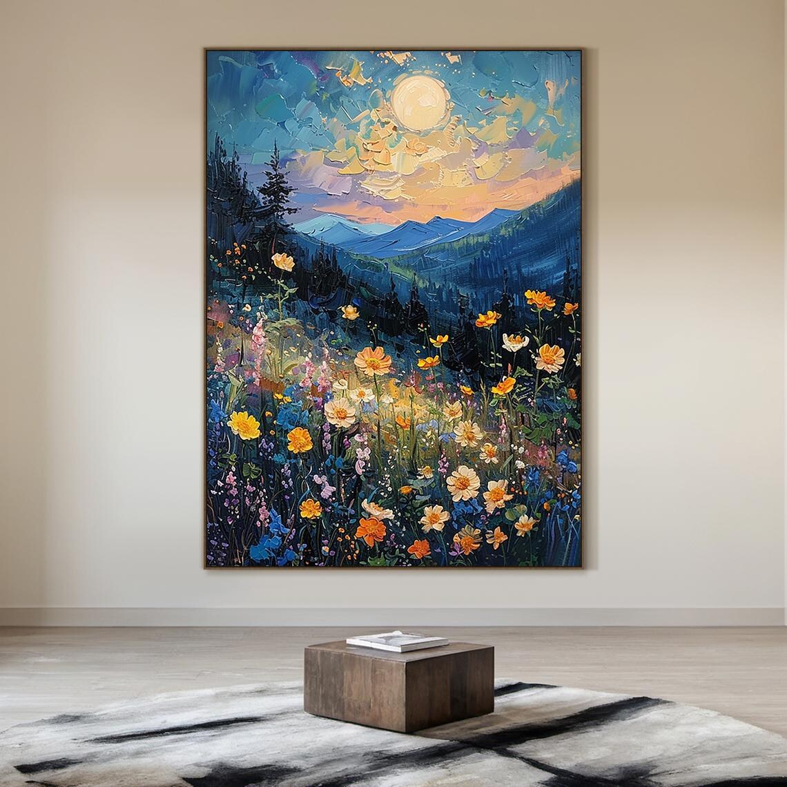 Sunlit Colorful Wildflower Meadow Blue Mountains Impasto Nature Poster