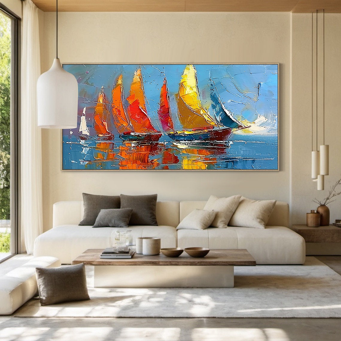 Bright Colorful Sailboats Sails Blue Sea Impasto Regatta Poster - Image 2