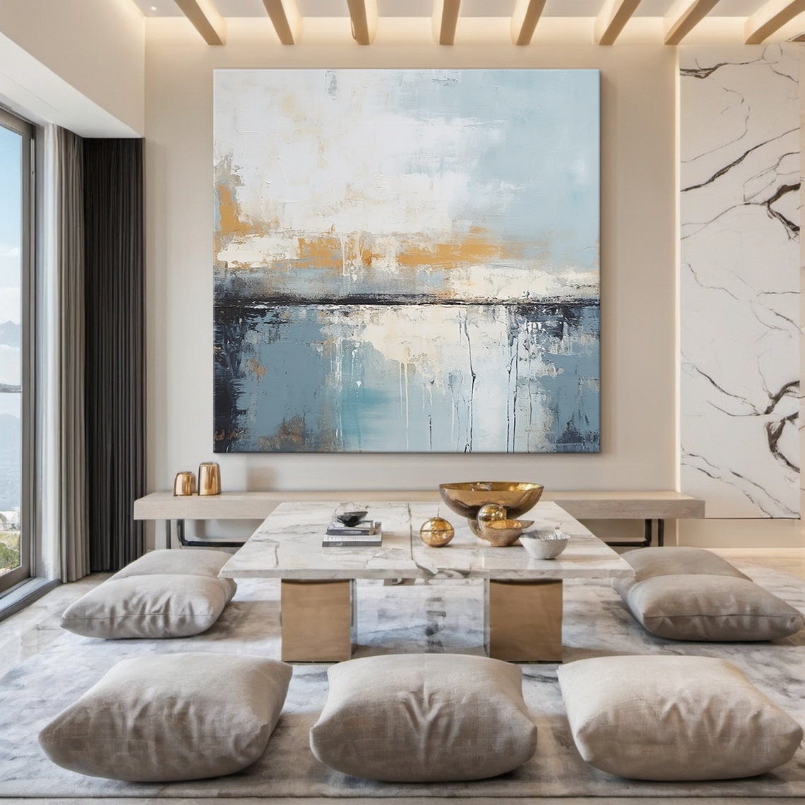 Blue Grey White Abstract Gold Band Textured Sea Sky Painting Wall Art - Image 6