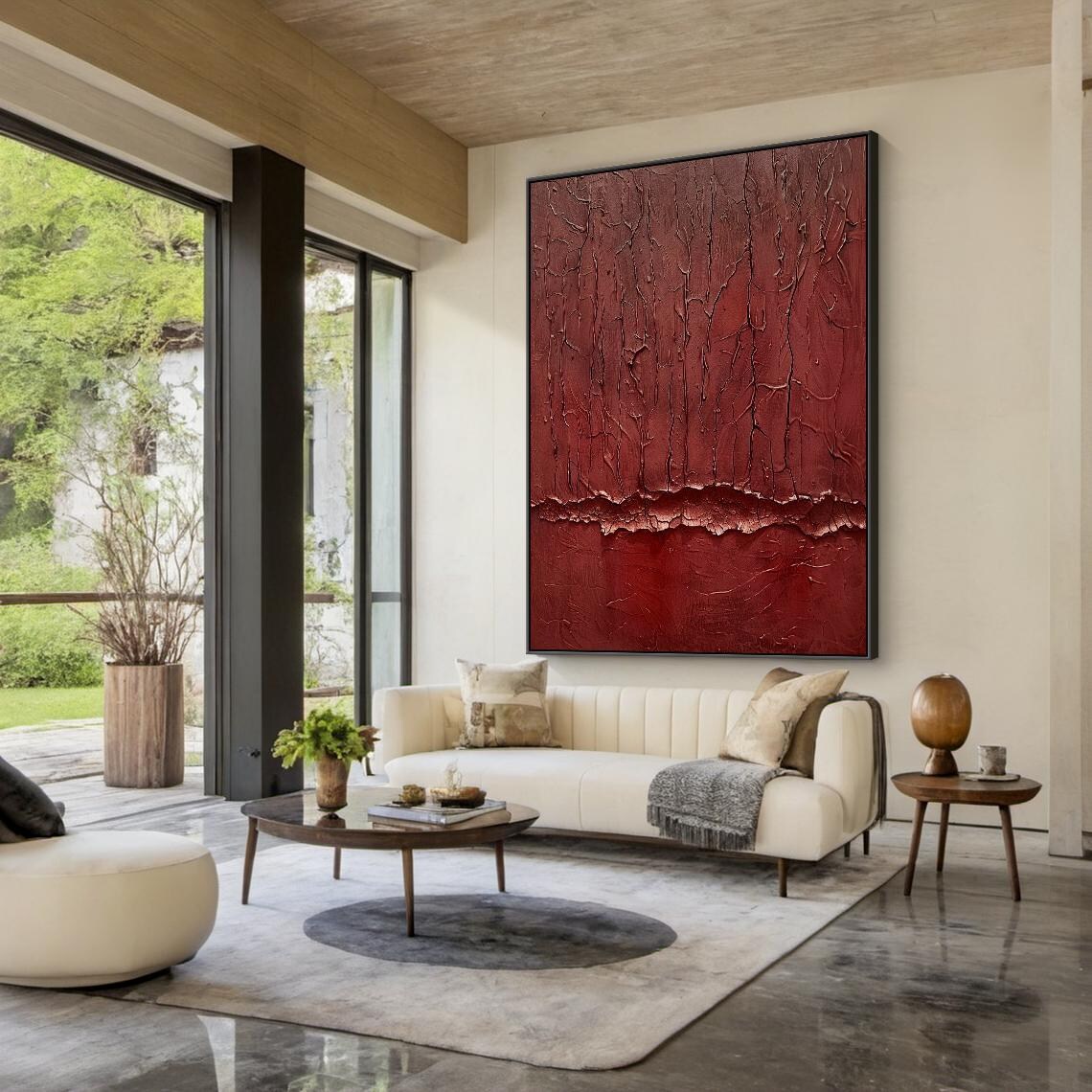 Wine Red Cracked Texture Abstract Impasto Moody Large Living Room Poster - Image 3