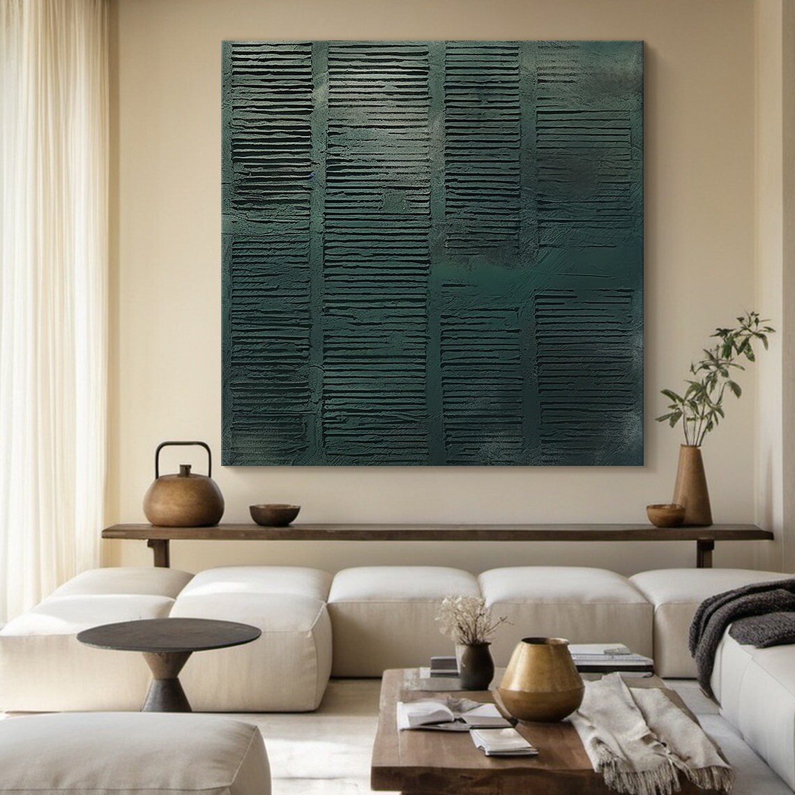 Bohemian Abstract Oil Painting, Dark Green Art Print - Image 3