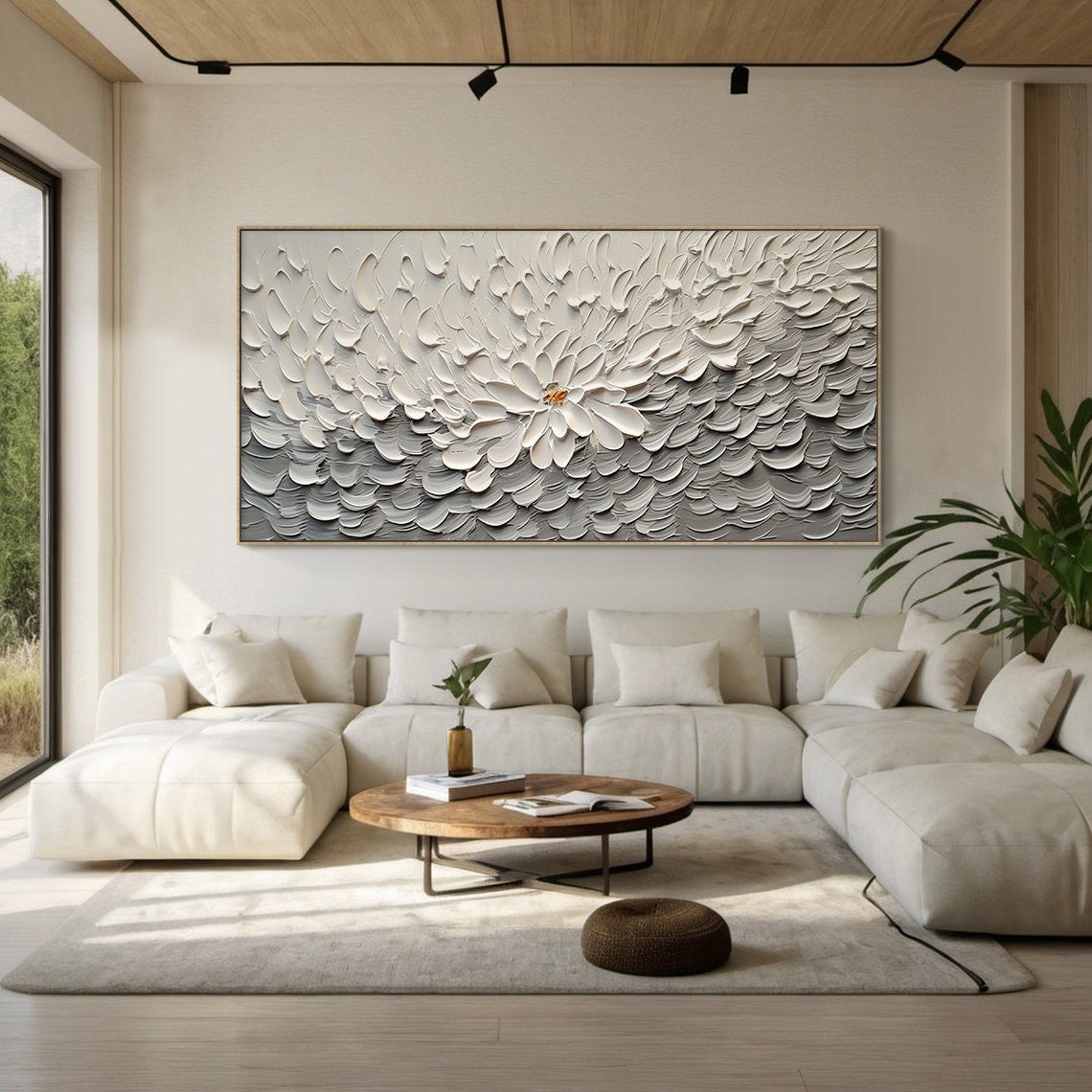 White Flower Gold Center Panoramic Floral Texture Oil Painting Poster - Image 2