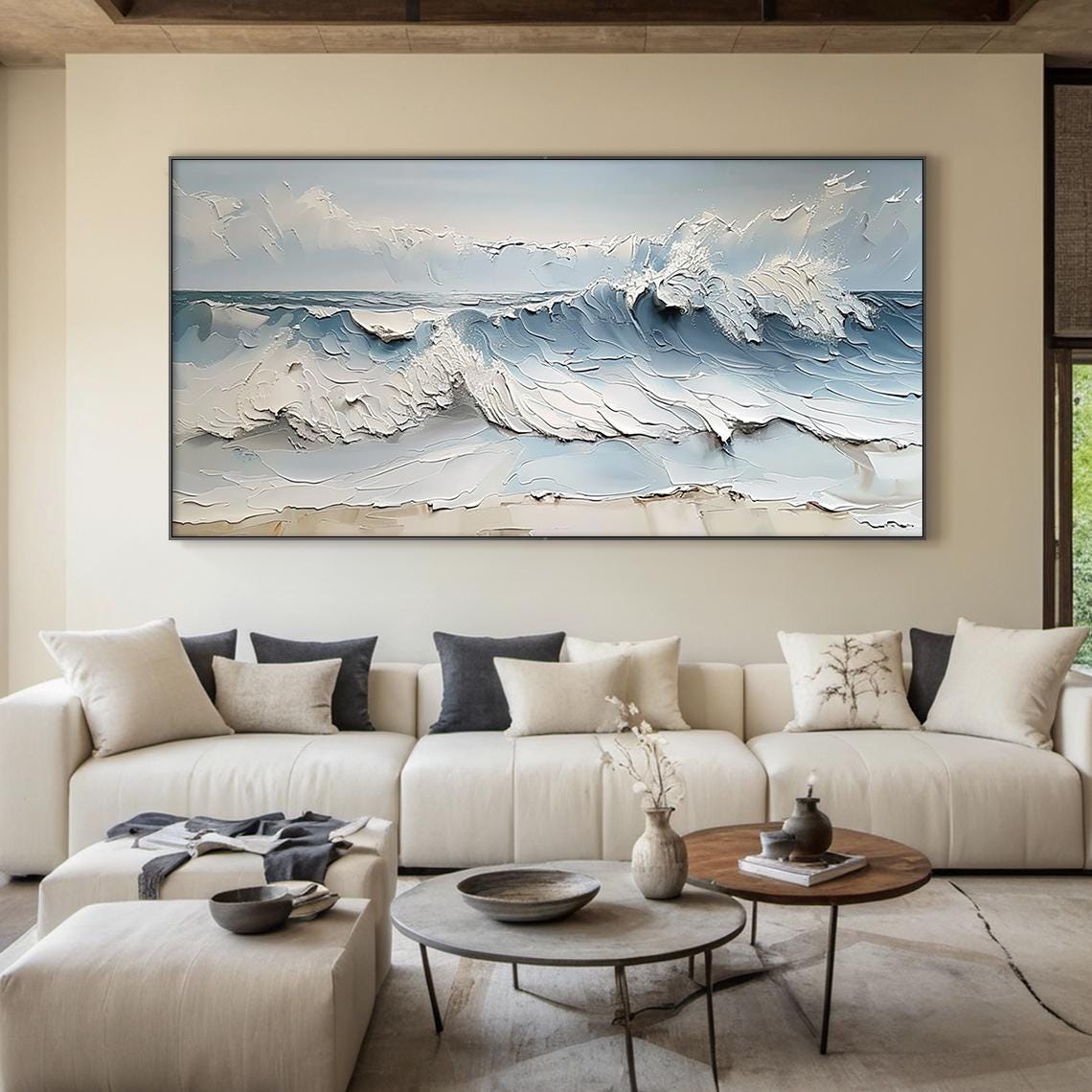 Ocean Wave Crash Beach Textured Painting Blue Sea Art Print Poster - Image 4